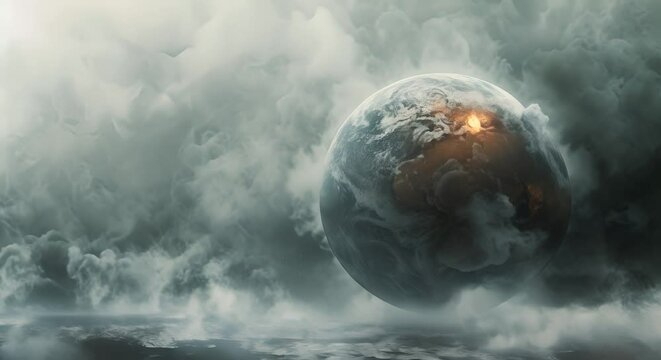 Dynamic graphic of a planet wrapped in thick smog, barely discernible landmasses beneath,