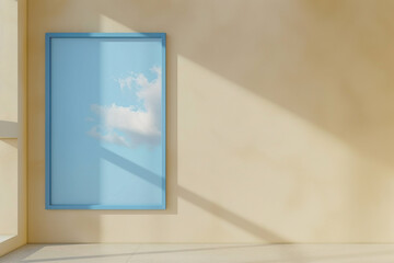 An avant-garde art gallery with one large sky blue frame against a soft beige wall, highlighting simplicity and elegance