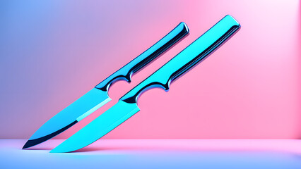Two knives are shown in a blue and pink background. Scene is one of elegance - obrazy, fototapety, plakaty