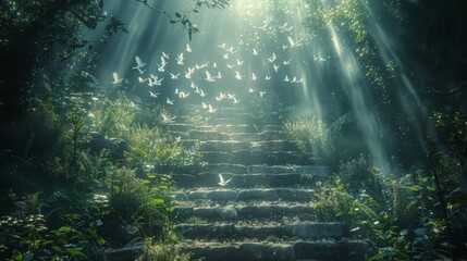 Stairway to heaven, the light part has a cross, radiating light, white doves flying towards the light, spiritual background, sunlight and ancient stone steps in a dark forest.  - obrazy, fototapety, plakaty