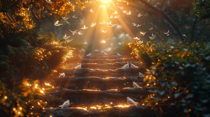 Stairway to heaven, the light part has a cross, radiating light, white doves flying towards the light, spiritual background, sunlight and ancient stone steps in a dark forest.  - obrazy, fototapety, plakaty