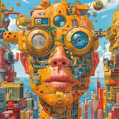 A man's face is made of machinery and is surrounded by buildings