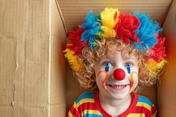 Funny kid clown looking through hole on cardboard. Child playing at home. 1 April Fool's day concept. Copy space - generative ai