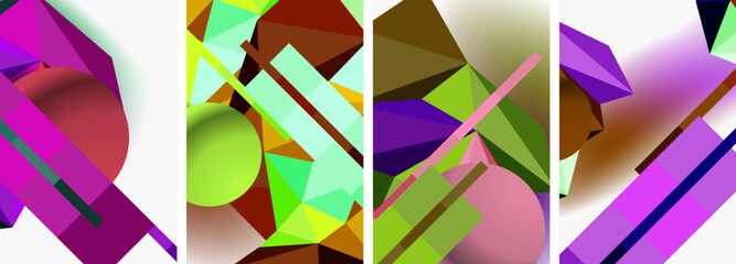 An artistic composition featuring a collage of four different colored geometric shapes rectangle, triangle with tints and shades of magenta, creating a symmetrical pattern on a white background