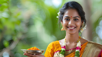 Beautiful indian girl serving food - obrazy, fototapety, plakaty