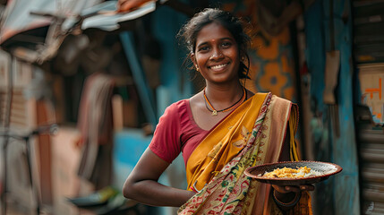 Beautiful indian girl serving food