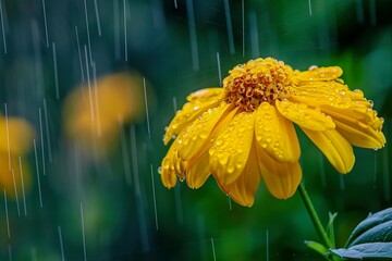 Margarita amarilla brillante con gotas de lluvia sobre pétalos, naturaleza viva y refrescante