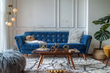 A grand living room with a contemporary aesthetic, featuring an electric blue velvet sofa,