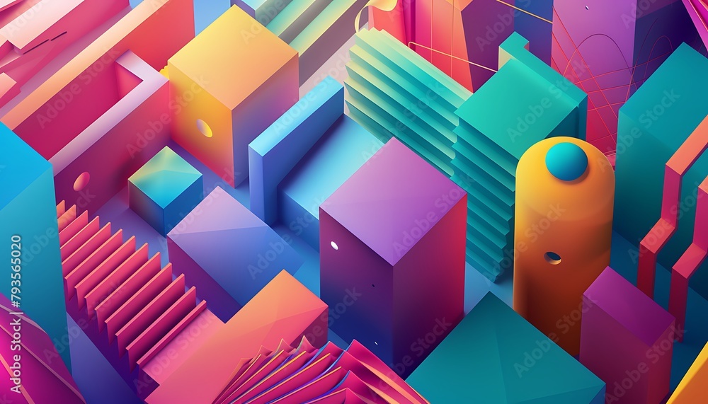 Poster vibrant 3d abstract backdrop with a modern digital touch. emphasize geometric shapes, vivid colors, 