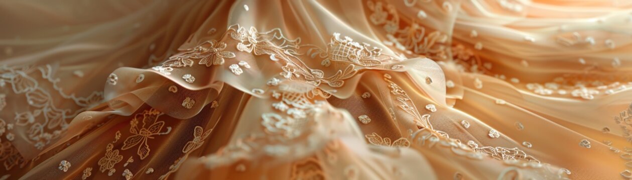 3D image focusing on the detailed lace and fabric of a ballerinas costume as she dances