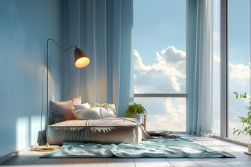 A peaceful sky blue bedroom retreat with a comfortable reading nook and a modern floor lamp.