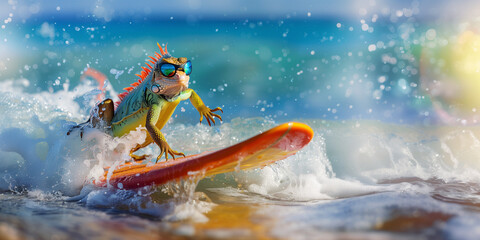 Surfer lizard on the wave: extreme animal sports adventures with elements of style and humor, demonstrations of adrenaline-pumping entertainment. Copy space. - obrazy, fototapety, plakaty