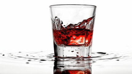 Crimson Elegance Vibrant Red Liquid in Glass with Reflective Water on White background.