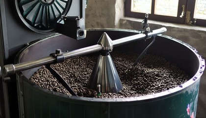 Coffee beans being roasted in vintage roaster machine