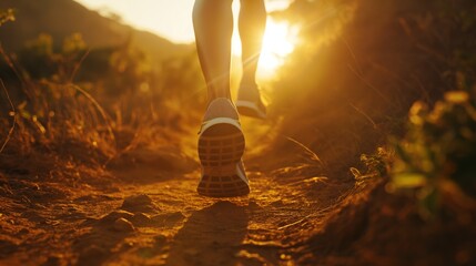 Photo silhouette of a runner's lower legs against a backdrop of the setting sun, with a vibrant glow accentuating their movement and the contours of their running shoes