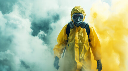 A man in a yellow hazmat suit is walking through a cloud of yellow smoke - Powered by Adobe