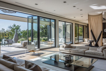 A spacious, modern luxury living room featuring floor-to-ceiling sliding glass doors that open to a scenic outdoor terrace. 