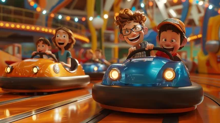 Deurstickers A 3D cartoon of a family on bumper cars, laughing as they bump into each other © Parinwat Studio