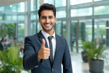 Young indian businessman showing thumps up
