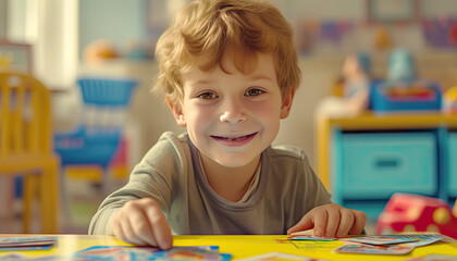 Smiling boy giving card to adult. In background is furniture of playroom. Children and autism. Mental health. Bright colorful photo.