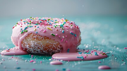 Close-up of a Pink Frosted Sprinkle Donut on a Blue Surface with a Dynamic Sugar Shower