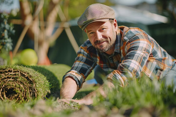 A joyful gardener lay sod with a friendly smile in a sunny, lush backyard garden.
