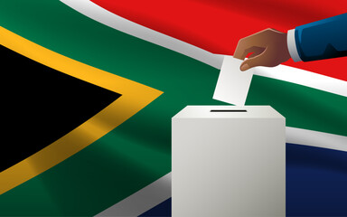 Celebrate democracy in South Africa with this vector illustration, featuring a voting box with South African flag as the backdrop, election day, copy space for customized messaging or event details
