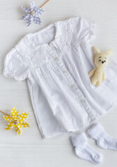 Baby dress for little, knitted toy and accessories.  .