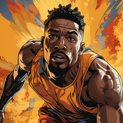 afro american athlete playing basket ball in comic painting style