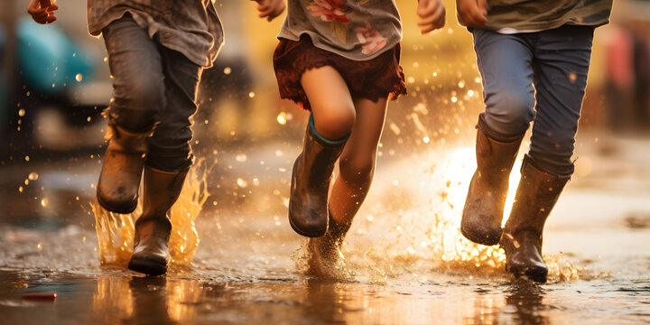Children jump through puddles on a sunny autumn day , , Happy many children wore rain boots jump and play in the puddles when its raining around
