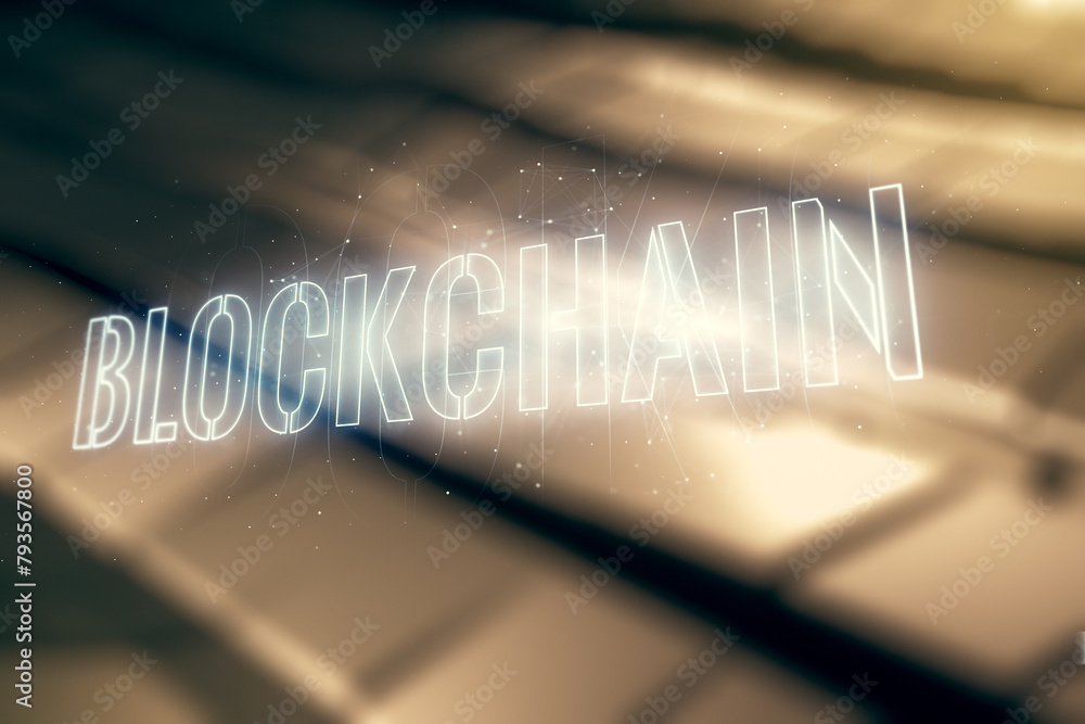 Poster abstract virtual blockchain technology sketch on shiny metal background, future technology and block