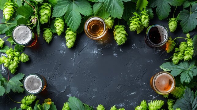 Summer microbrewery tour sales design, border of craft beer glasses and hops, brewery tour colors, brew the best deals copy space