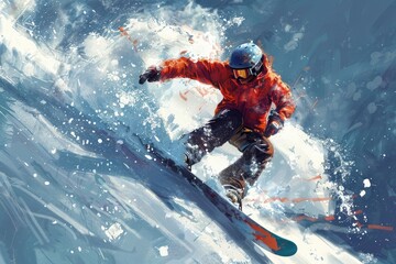 snowboarder dangerous winter fast cold ski downhill air snow jump action snowboarder jump cool blue active guy snowboarding extreme jacket board snowboard mountains man competition freeze lif inhigh - obrazy, fototapety, plakaty