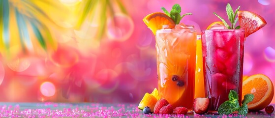 Summer sales banner with tropical fruit cocktails, vivid colors, party vibe, festive cocktail hour copy space