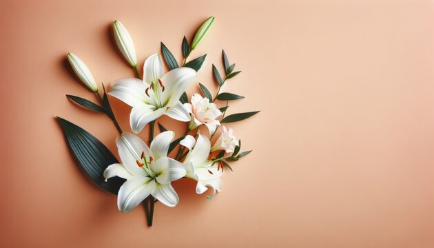 Elegant white lily on peach background, Floral flat lay for design with copy space.