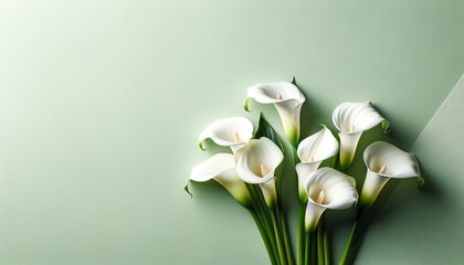Elegant white calla lily on green pastel background, Floral flat lay for design with copy space.