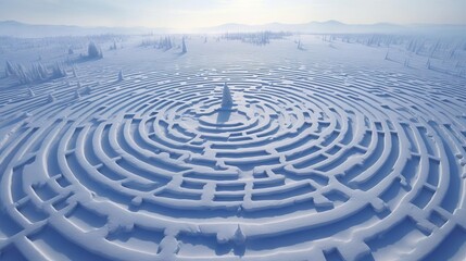 An aerial view of a snow maze built on a frozen lake