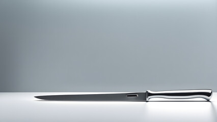 A silver knife is laying on a table. The knife is long and thin, with a sharp point at the end.