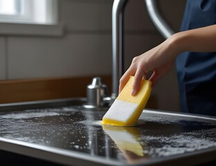 Dishwasher in uniform washes griddle with foam and sponge under the tap water
