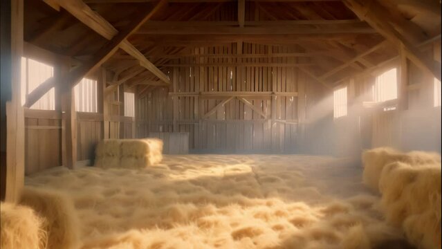 Interior of old barn with hay bales. 4k video