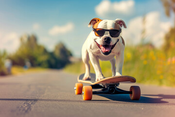 Adventurous dog on a skateboard in sunglasses on a sunny road is a demonstration of the athleticism and joy of a pet. - obrazy, fototapety, plakaty