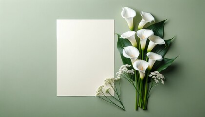Elegant white calla lily with white blank card on green pastel background, Perfect for a personalized message.