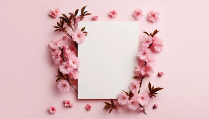 Elegant cherry blossoms with blank card on pink pastel background, Perfect flat lay for design with copy space.