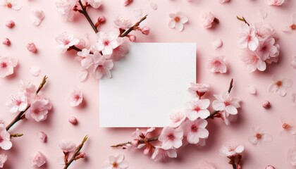 Elegant cherry blossoms with blank card on pink pastel background, Perfect flat lay for design with copy space.
