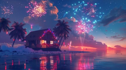 Dreamy Independence Day Celebration: House on Cloud with Beach Fireworks Display