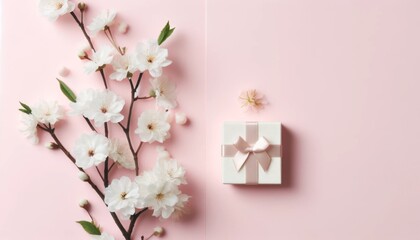 Gift box with satin ribbon and cherry blossoms on a soft pink background, perfect for special occasions.