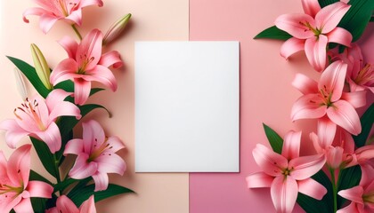 Vibrant pink lily flowers arranged around a blank card, ideal for invitations or announcements.