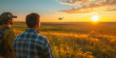 Tech Enthusiasts Blend Innovation with Nature: Drone Monitoring at Dusk in Sprawling Meadow - obrazy, fototapety, plakaty