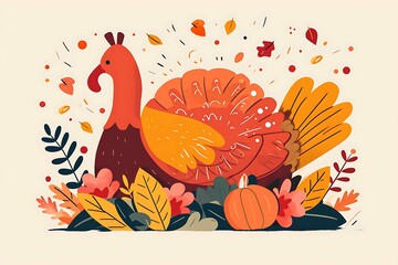 Whimsical vector illustration of a turkey surrounded by autumn leaves and a pumpkin, symbolizing Thanksgiving. Generative AI