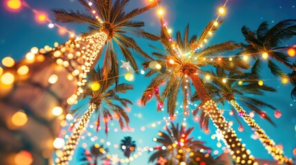 Palm trees decorated with festive and bright garlands in the evening